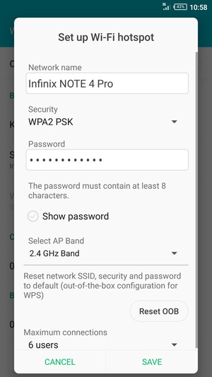 Enter a Wi-Fi hotspot password of at least 8 characters and select SAVE