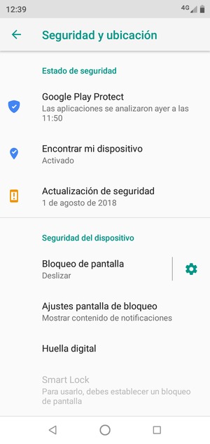 Para activar su bloqueo de pantalla, vaya al menú Seguridad y ubicación y seleccione Bloqueo de pantalla