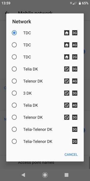 Select a network operator from the list