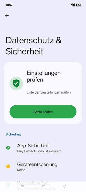 Um Ihre Bildschirmsperre zu aktivieren, gehen Sie zum Datenshutz & Sicherheit Menü und wählen Sie  Geräteentsperrung