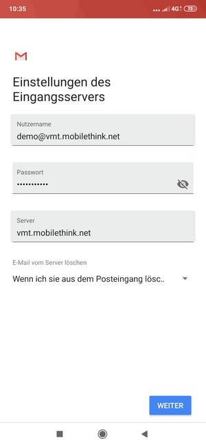 Geben Sie Benutzername und die Server-Adresse für eingehende Post ein. Wählen Sie WEITER