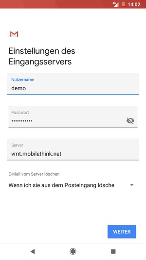 Geben Sie Benutzername und die Server-Adresse für eingehende Post ein. Wählen Sie WEITER
