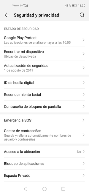 Para activar su bloqueo de pantalla, vaya al menú Seguridad y privacidad y seleccione Contraseña de bloqueo de pantalla