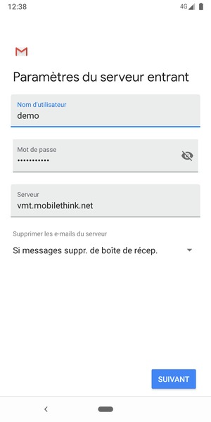 Saisissez votre Nom d'utilisateur et l'adresse du serveur entrant. Sélectionnez SUIVANT