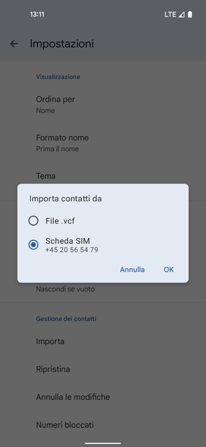 Seleziona Scheda SIM e OK