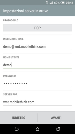 Inserisci Nome utente e l'indirizzo del server di posta in arrivo. Seleziona AVANTI