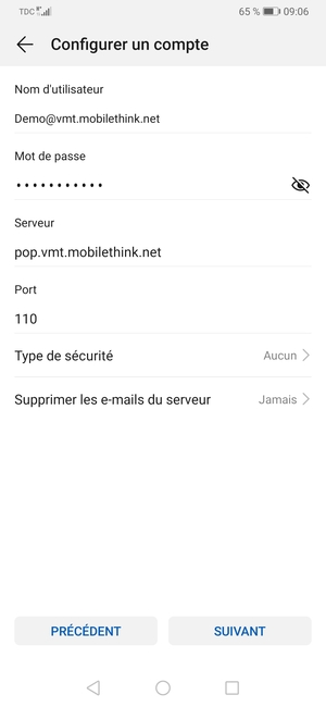 Saisissez votre Nom d'utilisateur et l'adresse du serveur entrant. Sélectionnez SUIVANT