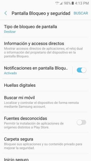Para activar su bloqueo de pantalla, vaya al menú Pantalla Bloqueo y seguridad y seleccione Tipo de bloqueo de pantalla