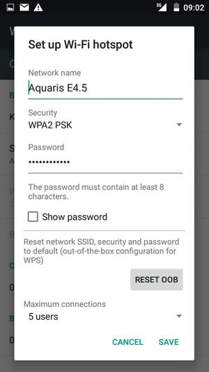Enter a Wi-Fi hotspot password of at least 8 characters and select SAVE
