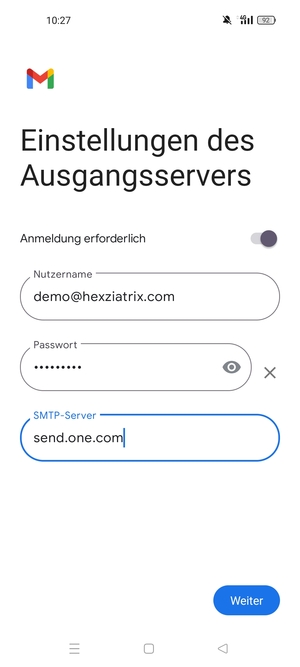 Geben Sie die Server-Adresse für ausgehende Post ein und wählen Sie Weiter