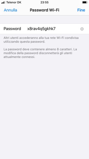 Inserisci una password dell'hotspot Wi-Fi di almeno 8 caratteri e seleziona Fine