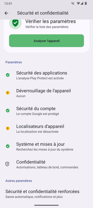 Pour modifier le code PIN de la carte SIM, allez dans le menu Sécurité et confidentialité et  faites défiler et sélectionnez Sécurité et confidentialité renforcées