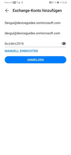 Geben Sie Ihre E-Mail-Adresse, Ihre Benutzername und Ihr Passwort ein. Wählen Sie MANUELL EINRICHTEN