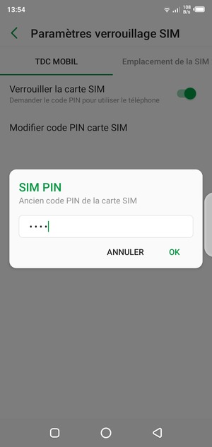 Saisissez votre Ancien code PIN de la carte SIM et sélectionnez OK