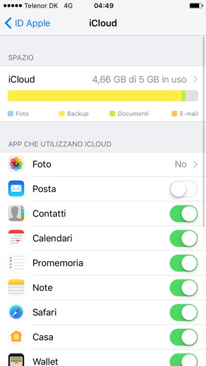 Seleziona i servizi per i quali desideri eseguire il backup
