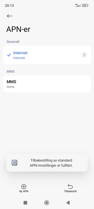Telefonen din vil tilbakestilles til standard internett-og MMS-innstillinger