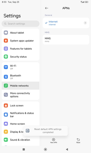 Your tablet will reset to default Internet and MMS settings