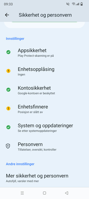 For å bytte PIN-koden til SIM-kortet, gå til Sikkerhet og personvern-menyen og bla til og velg Mer sikkerhet og personvern