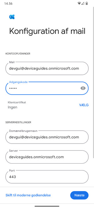 Indtast Brugernavn og Exchange serveradresse. Vælg Næste