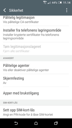 For å bytte PIN-koden til SIM-kortet, gå tilbake til Sikkerhet-menyen og bla til og velg Sett opp SIM-kort-lås