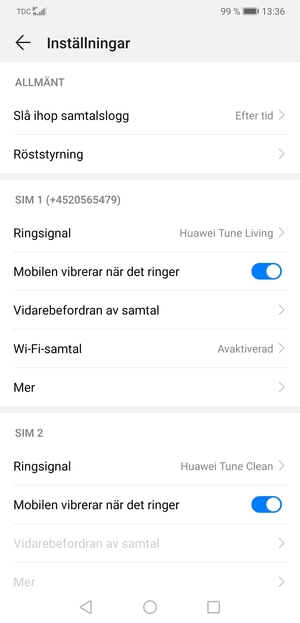 Scrolla till SIM 1 eller SIM 2 och välj Mer
