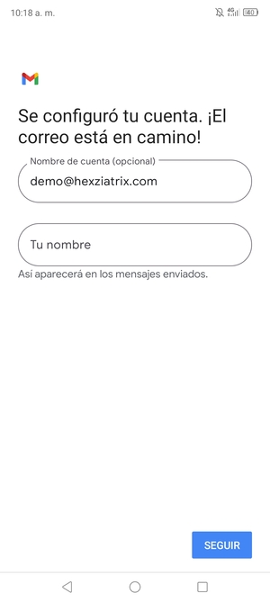 Déle a su cuenta un Nombre y escriba Su nombre. Seleccione SEGUIR