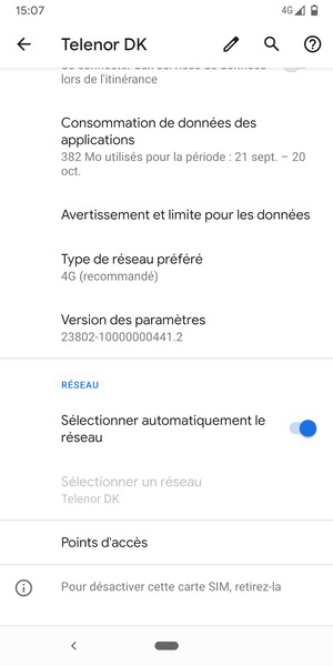 Désactiver le Sélectionner automatiquement le réseau
