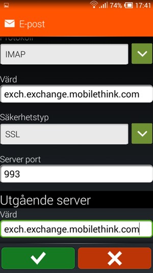 Scrolla ner och ange Exchange-serveradress. Välj OK
