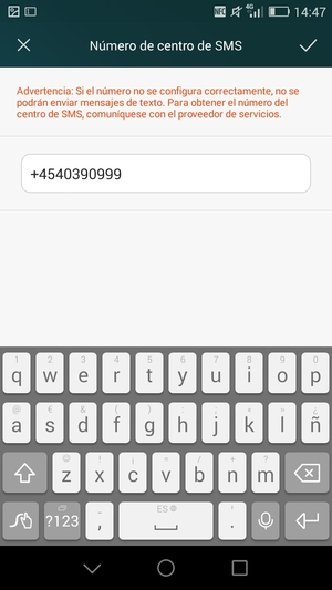 Introduzca el número de Número de centro de SMS y seleccione OK / GUARDAR
