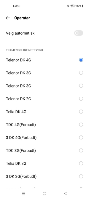Velg en nettverksoperatør fra listen