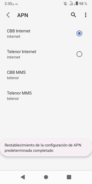 El teléfono se reiniciará con la configuración predeterminada de Internet y MMS