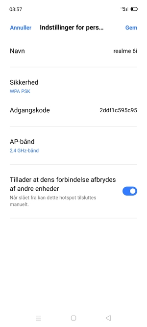 Indtast en Wi-Fi-hotspot adgangskode på minimum 8 tegn og vælg Gem