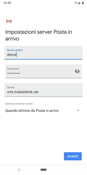 Inserisci Nome utente e l'indirizzo del server di posta in arrivo. Seleziona AVANTI
