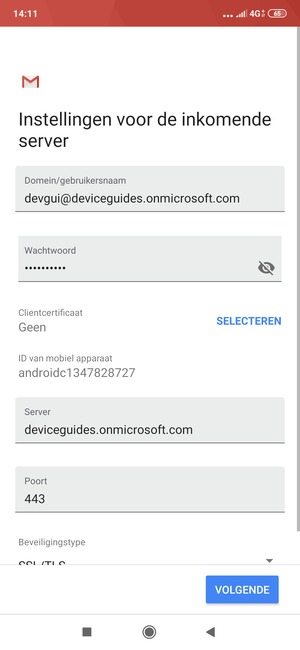 Voer Gebruikersnaam en Exchange serveradres in. Selecteer VOLGENDE