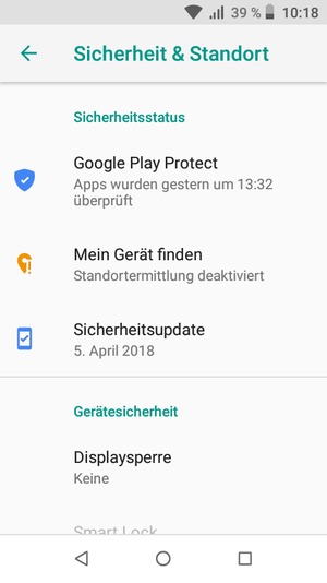 Um Ihre Bildschirmsperre zu aktivieren, gehen Sie zum Sicherheit & Standort Menü und wählen Sie  Displaysperre