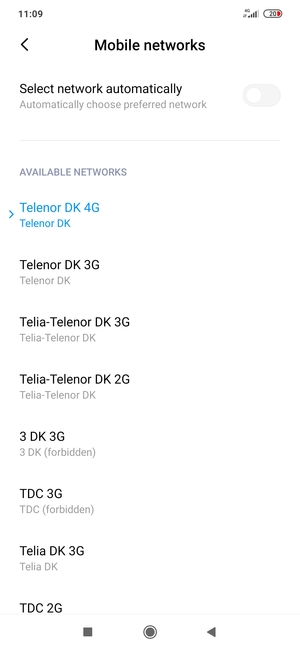 Select a network operator from the list