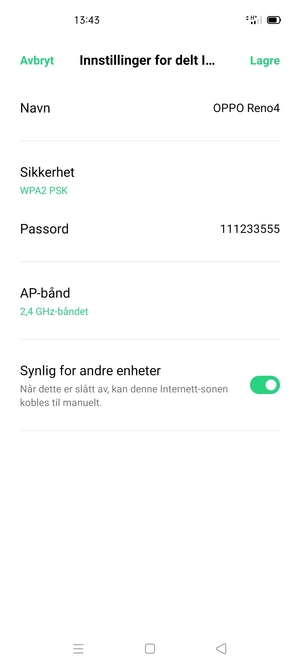 Skriv inn et Wi-Fi hotspot-passord på minst 8 tegn og velg Lagre