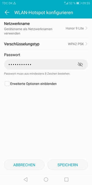 Geben Sie eine WLAN-Hotspot-Passwort mit mindestens 8 Zeichen ein und wählen Sie SPEICHERN