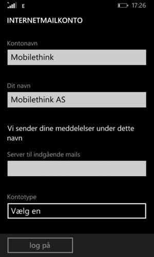 Giv din konto et navn og indtast dit navn. Indtast Indgående serveradresse