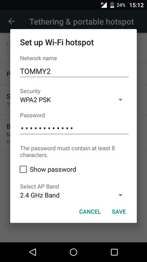 Enter a Wi-Fi hotspot password of at least 8 characters and select SAVE