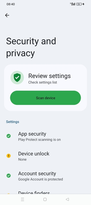To activate your screen lock, go to the Security and privacy menu and select Device unlock