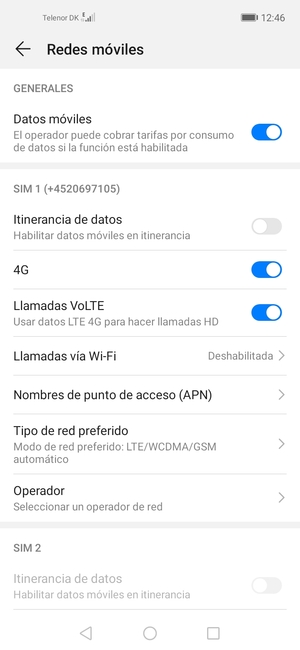 Desplácese a SIM 1 o SIM 2 y seleccione Nombres de punto de acceso (APN)