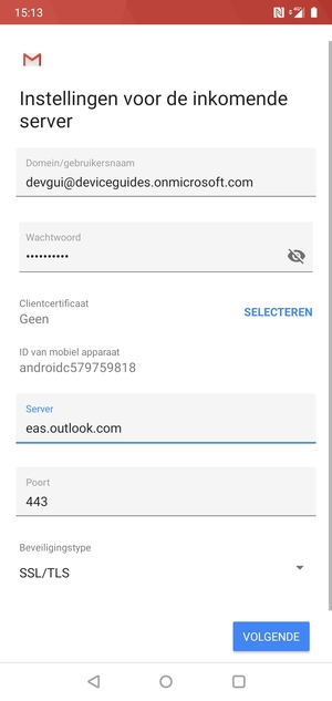 Voer Gebruikersnaam en Exchange serveradres in. Selecteer VOLGENDE