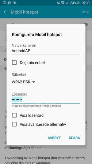 Ange ett lösenord bestående av minst  8  tecken och välj  SPARA