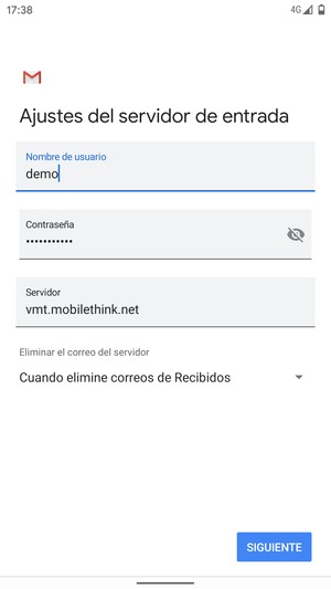 Introduzca Nombre de usuario y la dirección de servidor entrante. Seleccione SIGUIENTE