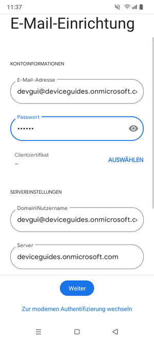 Geben Sie Benutzername und Exchange Server-Adresse ein. Wählen Sie Weiter