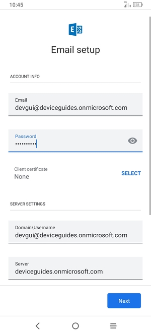 Enter Username and Exchange server address. Select Next