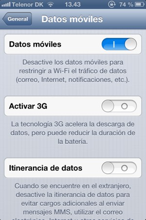 Configurar Itinerancia de datos en Activado o Desactivado