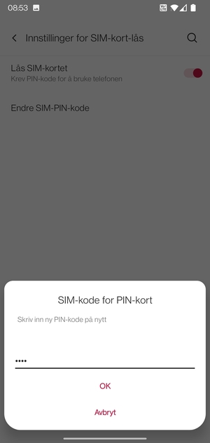 Bekreft din nye PIN-kode for SIM-kort og velg OK