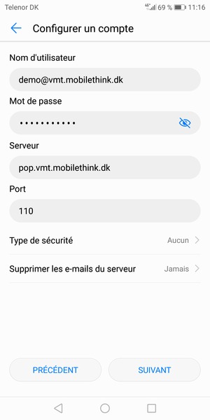Saisissez votre Nom d'utilisateur et l'adresse du serveur entrant. Sélectionnez SUIVANT